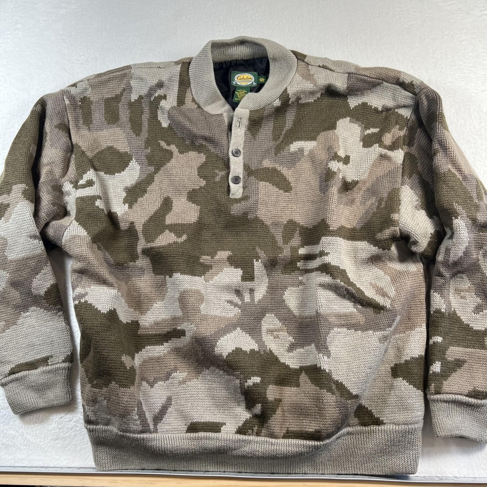 Cabelas Sweater Mens 3XL Green Camo Wool Lined Henley Knit Pullover Hunting